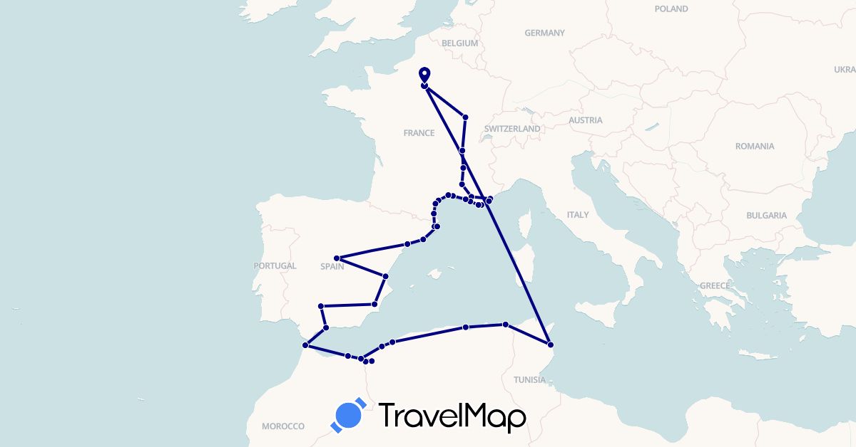 TravelMap itinerary: driving in Algeria, Spain, France, Morocco, Tunisia (Africa, Europe)